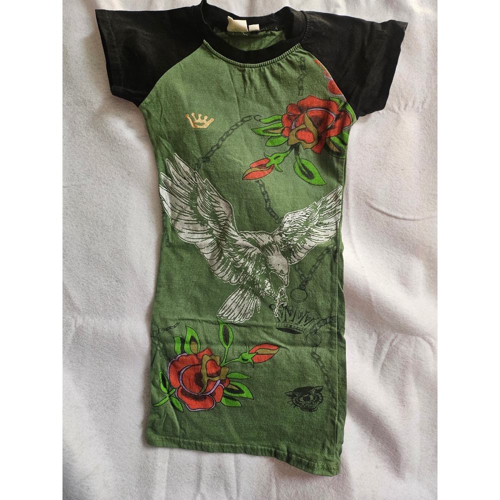 Vintage City Girl Eagle Rose Graphic Raglan T-Shirt Olive Green Black 4T